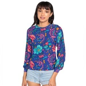 Liz Claiborne Vintage Floral Silk Blouse Top Size 14 XL Jewel Tones Button Artsy